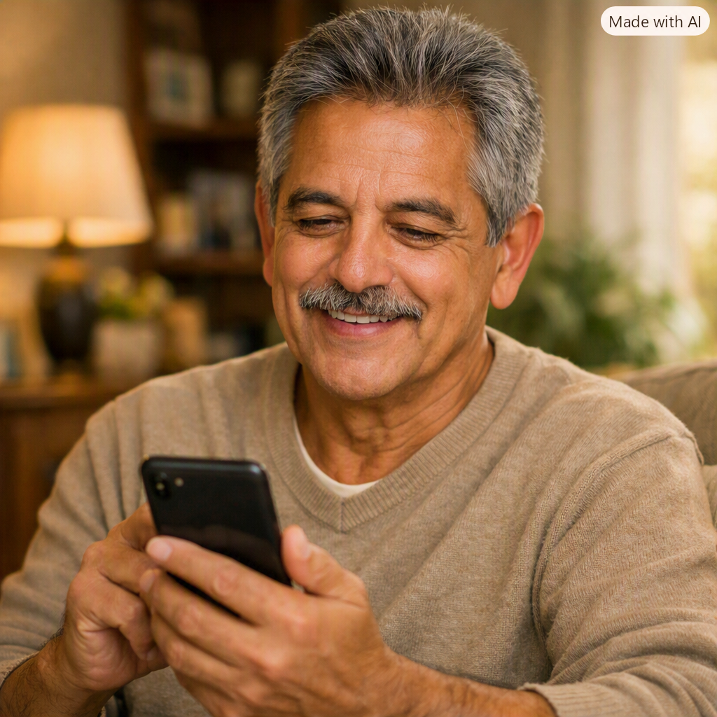 Persona mayor revisando su trámite de crédito desde su celular